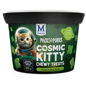 Montego Pack O' Purrs Chicken & Catnip Flavour Cosmic Kitty Chewy Treats are packs of cat treats infused with real catnip and chicken flavour. Enriched with omega 6 for healthy skin and taurine for vision and heart health, these treats cater to all cat breeds.