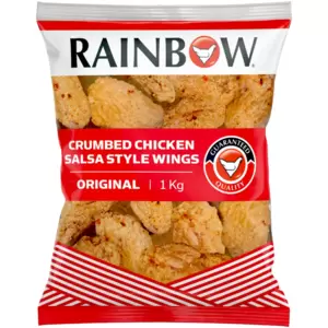 RAINBOW Frozen Original Crumbed Chicken Salsa Style Wings are perfect for appetiser boards, providing a flavourful snack that stands out. They also make a quick meal when paired with fries and salad, offering versatility in meal planning.
