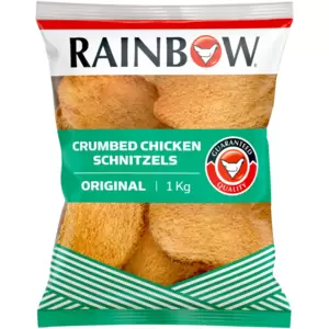 RAINBOW Frozen Original Crumbed Chicken Schnitzels are soft and tender, delivering a melt-in-your-mouth experience. Whether you bake, deep-fry, or air-fry, these schnitzels maintain their texture and flavour, making them a reliable choice for any meal occasion.