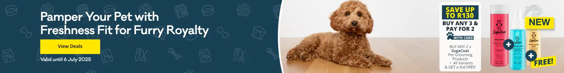 Save up to R130 on SugaCoat Pet Grooming Products when you buy any 3 and pay for 2. Click to view deals at Petshop Science.