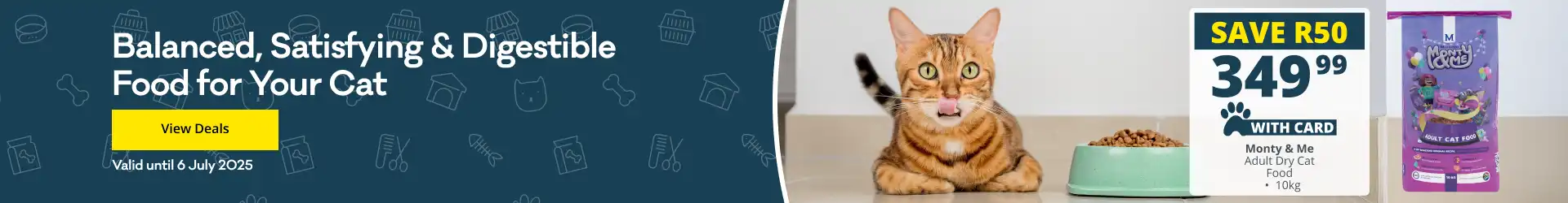 Save R50 on Monty &amp; Me Adult Dry Cat Food 10kg in-store at Petshop Science. Click to view deals.