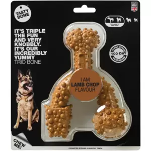 Treat your big pup to a lamb chop-flavoured chew toy that's triple the fun. With its special shape and irresistible flavour, this toy will keep your pet engaged and entertained while also promoting dental health. Designed to withstand vigorous chewing, it offers a taste of South African flavours for a truly satisfying playtime experience.