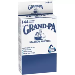 Nothing says goodbye to pain faster than Grand-Pa Headache Powder. This fast-acting, versatile powder alleviates headaches, toothache, fever, and menstrual pain.