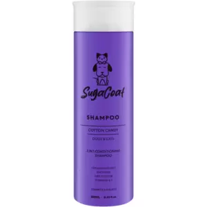 SugaCoat Cotton Candy 2-In-1 Conditioning Shampoo for Dogs & Cats is a grooming solution that combines shampoo and conditioner for easy pet care. It cleanses and conditions fur, leaving it soft and manageable.