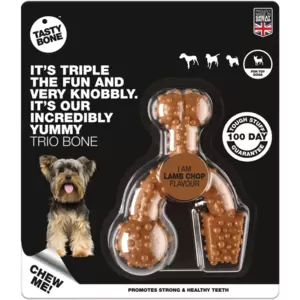 Help your dogs' gums and teeth become stronger and healthier with the trio bone dog chew toy with irresistible lamb chop flavour. This chew toy offers a mouth-watering experience that endures for the bone's entire lifespan.