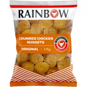 RAINBOW Frozen Original Crumbed Chicken Nuggets provide a quick, tasty meal or snack option. Perfect for lunchboxes or appetiser boards, they also make a quick meal with fries and salad, catering to various occasions.