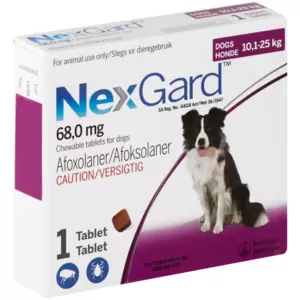 Providing a fast-acting solution to flea and tick infestations in dogs, this beef-flavoured tablet is suitable for dogs and puppies from the age of 8 weeks. It delivers continuous protection for a full 30 days and starts working within only 30 minutes after dosing.