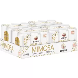 Bernini Mimosa Sparkling Spritzer is a refined beverage with real orange juice and wine, packaged conveniently in a can. It is perfect for any occasion, offering a refreshing citrusy and bubbly experience.