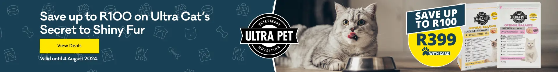 Save up to R100 on Ultra Cat’s secret to shiny fur, Ultra Cat Cat Food. Only R399 at Petshop Science. Click to view deals.