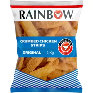 Perfect as a main course or in salads, wraps, and sandwiches, RAINBOW Frozen Original Crumbed Chicken Strips offer a convenient and tasty meal option. These juicy and tender strips feature a satisfying crumbed coating and can be quickly prepared.