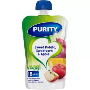 Purity pouches pureed baby food in convenient pouches. Suitable for babies from 6 months. Purity pouches are ideal as a snack, lunch or supper and are made with the highest quality fruit and vegetables in a variety of yummy flavours!