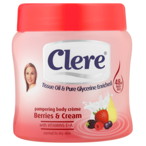 Clere Tissue Oil & Pure Glycerine Enriched Berries & Cream Pampering Body Crème featuring the rejuvenating benefits of vitamins E and A, in a handy tub, this lotion is designed for normal to dry skin types. Providing luxurious moisturisation for 48 hours, it is enriched with tissue oil, making it an excellent addition to your beauty collection.