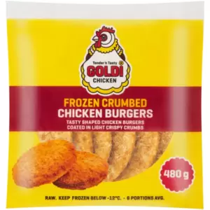 Get your crunch on with Goldi Frozen Crumbed Chicken Burgers and their crispy, crumb-coated chicken patties. Versatile in preparation, they can be air-fried, oven-baked, or deep-fried for a quick and easy meal.