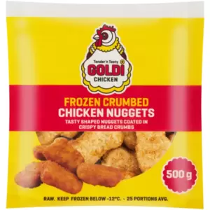 Satisfy your hunger with Goldi Frozen Crumbed Chicken Nuggets, offering a quick and tasty meal option with their crispy bread crumb coating. Ideal for busy days, these nuggets are easy to prepare in an air fryer, ensuring a delicious, crunchy bite every time.