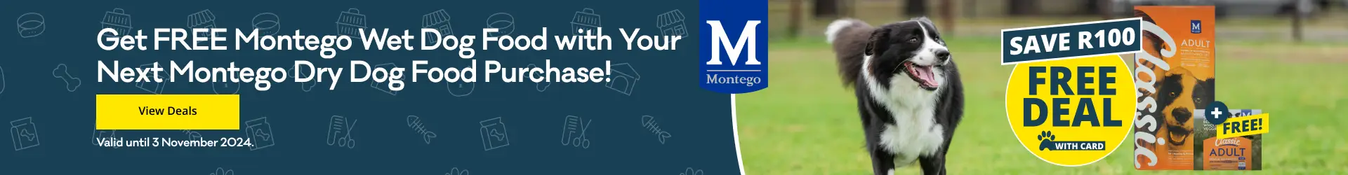 PSS-177883-Month-Get FREE Montego Wet Dog Food with your next Montego Dry Dog Food Purchase at Petshop Science and save R100. View deals.End-October-24-Montego-Dog-Web-Banner-Hero-1920x250.webp