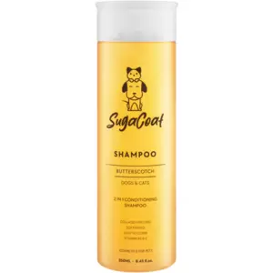 SugaCoat Butterscotch 2-In-1 Conditioning Shampoo is a grooming solution for dogs and cats, combining shampoo and conditioner in 1. It cleanses and conditions fur, leaving it soft and manageable with a pleasant butterscotch scent.
