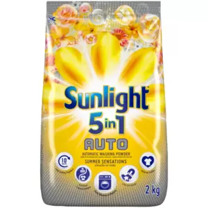 Sunlight Summer Sensations 5-in-1 Auto Washing Powder combines detergent and fabric conditioner for effective stain removal and long-lasting fragrance. Suitable for both top and front loaders, it leaves clothes clean, fresh and soft.