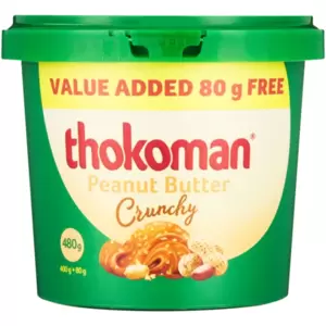 Spread the Thokoman Crunchy Peanut Butter and enjoy a delightful roasted peanut taste with crunchy pieces, perfect for spreading on toast or sandwiches. Its smooth texture enhances recipes, from baked goods to savoury dishes, and adds richness to smoothies.