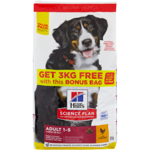 This dry dog food features chicken and high-quality protein to support muscle development. Enriched with glucosamine, chondroitin, vitamin E, and omega-6 fatty acids, it promotes joint health, mobility, and a shiny coat. This formula addresses the specific needs of larger breeds, ensuring overall health and vitality.