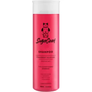SugaCoat Strawberry Milkshake 2-In-1 Conditioning Shampoo is a grooming solution for dogs and cats, combining a shampoo and conditioner in 1. It cleanses and softens the coat, leaving a pleasant strawberry milkshake scent.